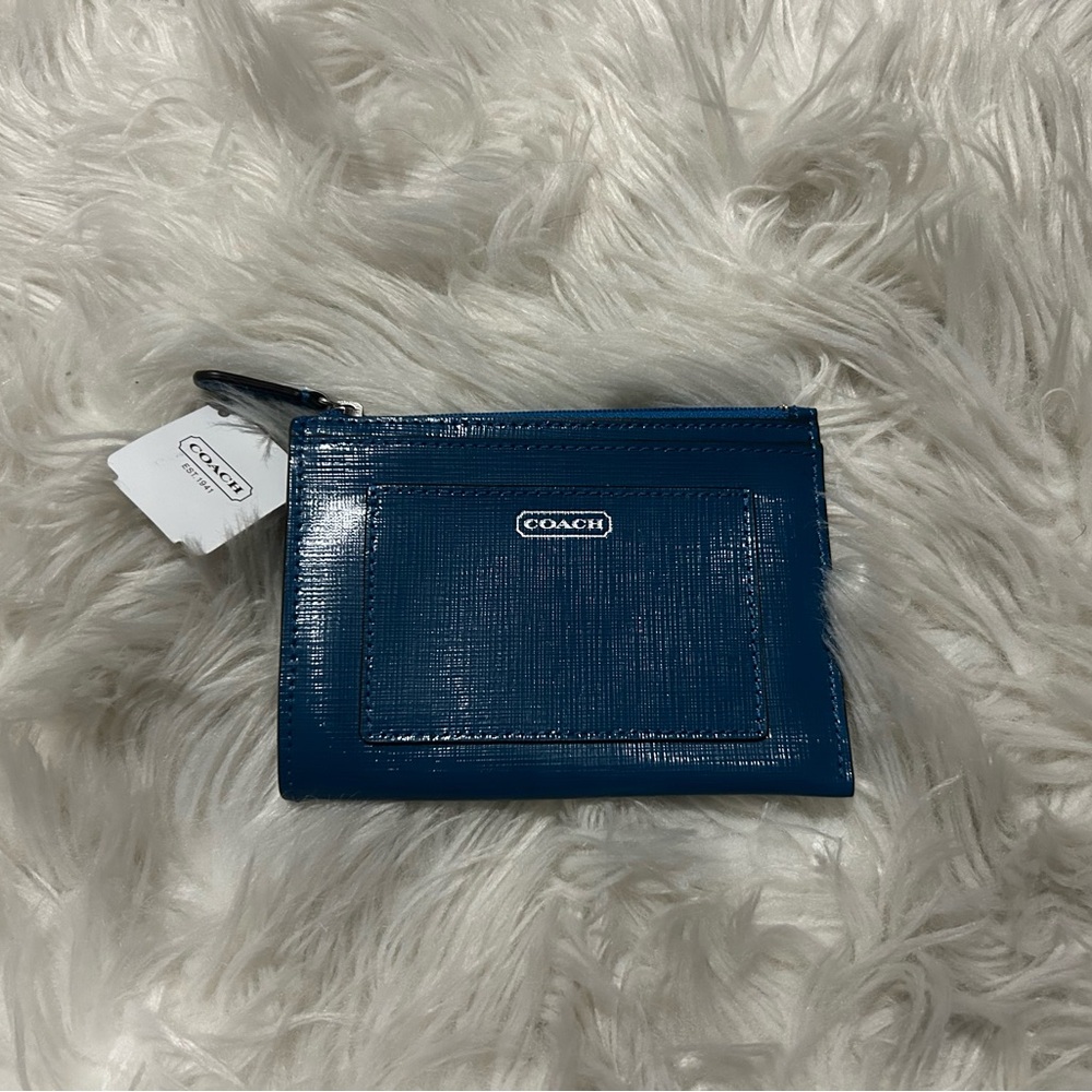 NWT Coach Darcy Saffiano Crossgrain Teal Blue Wallet Key Ring Card Holder